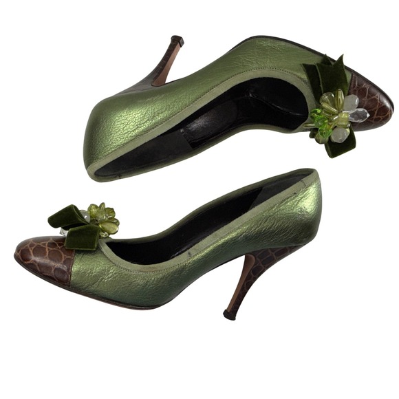 Karen Millen Green Metallic Crocodile Embossed Heels Size 37.5 US 6.5 Velvet Bow - Picture 10 of 11